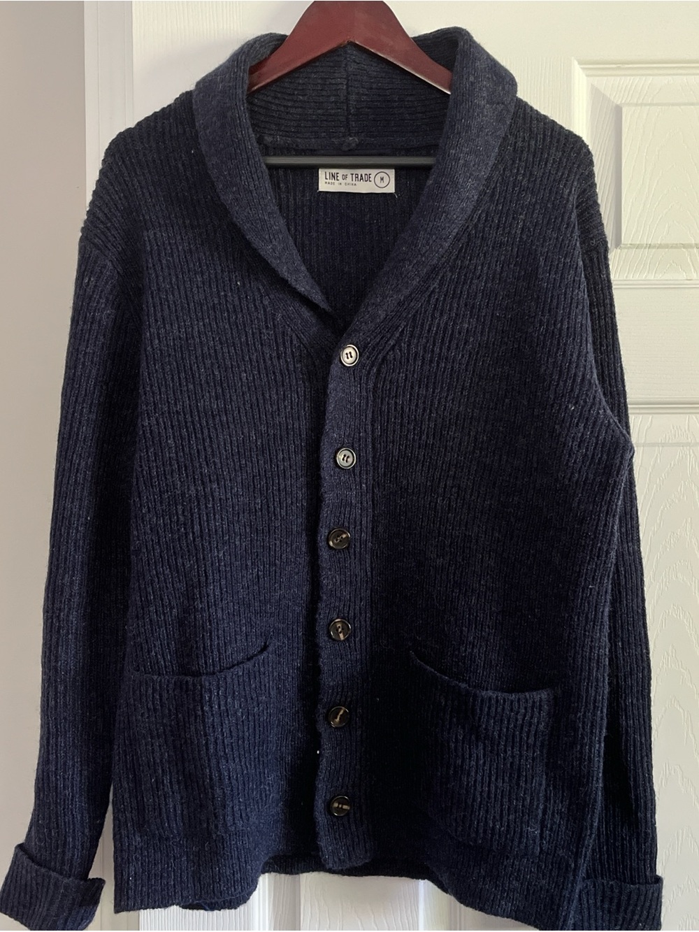 Men's 100% Wool Shawl Collar Button-Front Cardigan Sweater - Navy blue - Picture 2 of 6